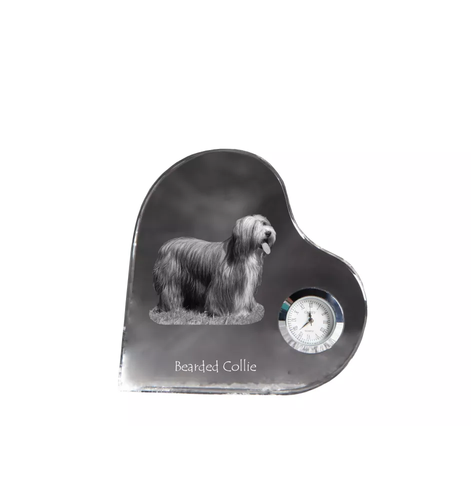 Bearded Collie, Highland Collie, Mountain Collie - crystal clock with a dog picture, heart-shaped shelf clock, personalized standing clock by Art-Dog brand