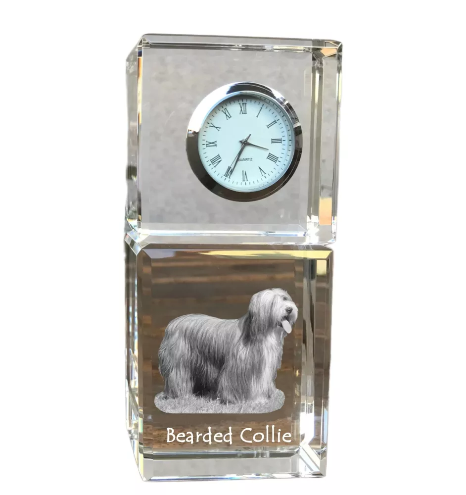 Bearded Collie, Highland Collie, Mountain Collie - crystal clock with a photo, a photo of a dog in crystal, personalized desk clock by Art-Dog brand