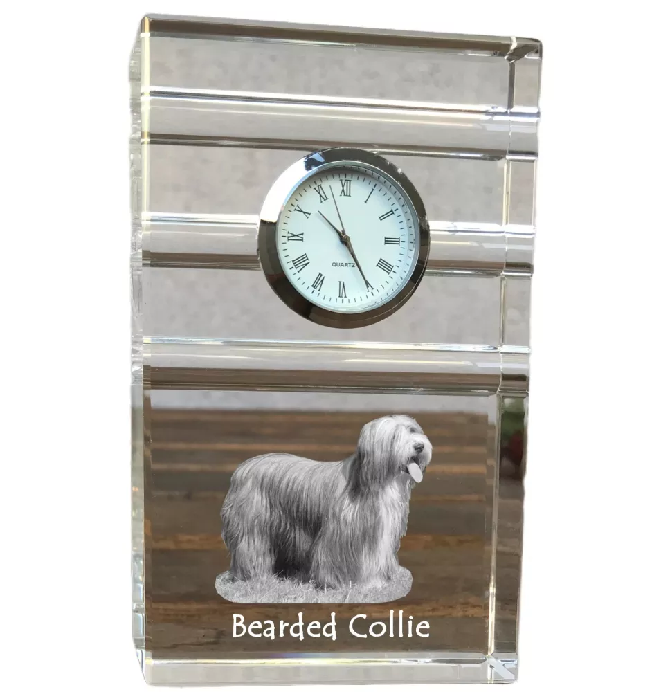 Bearded Collie - Glasuhr mit Foto, Foto eines Hundes im Kristall, personalisierte Tischuhr für das Büro der Marke Art-Dog