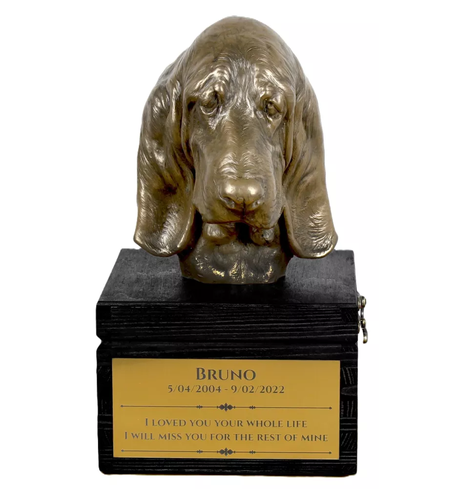 Basset Hound - an urn with an engraving and a sculpture of a dog, a handmade product by the Art-Dog brand.