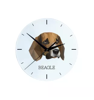 Beagle - geometrische Wanduhr mit Bild und Aufschrift der Marke Art-Dog