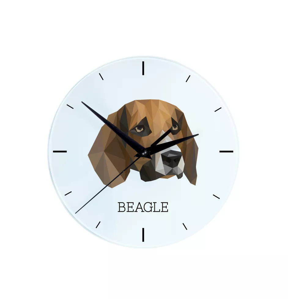 Beagle - geometrische Wanduhr mit Bild und Aufschrift der Marke Art-Dog