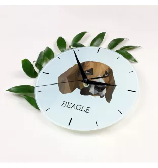 Beagle - geometrische Wanduhr mit Bild und Aufschrift der Marke Art-Dog