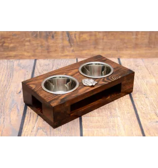 Basset Hound III - wooden stand with bowls for a dog, steel dog bowls, a gift for adopting a dog from the Art-Dog brand