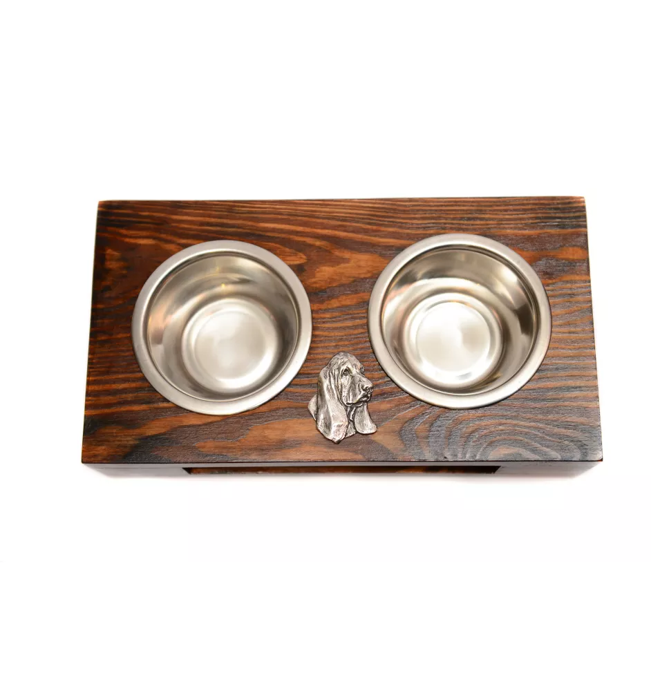 Basset Hound II - wooden stand with bowls for a dog, steel dog bowls, a gift for adopting a dog from the Art-Dog brand