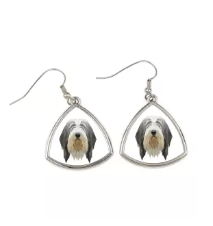 Collie Barbu, Bearded collie, Parfois appelé colley barbu - boucles d'oreilles avec une photo et un motif de chien géométrique Art-Dog