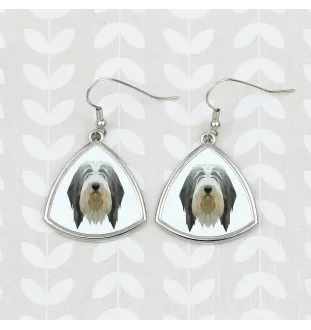 Collie Barbu, Bearded collie, Parfois appelé colley barbu - boucles d'oreilles avec une photo et un motif de chien géométrique Art-Dog
