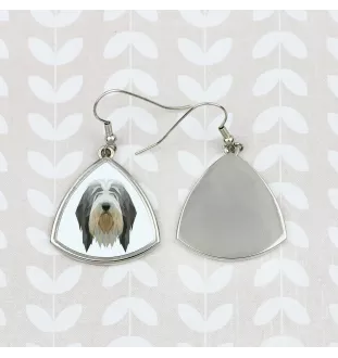 Collie Barbu, Bearded collie, Parfois appelé colley barbu - boucles d'oreilles avec une photo et un motif de chien géométrique Art-Dog