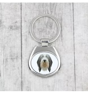 Collie Barbu, Bearded collie, Parfois appelé colley barbu - porte-clés géométrique avec photo et inscription Art-Dog