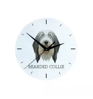 Collie Barbu, Bearded collie, Parfois appelé colley barbu - horloge murale géométrique avec photo et logo de la marque Art-Dog
