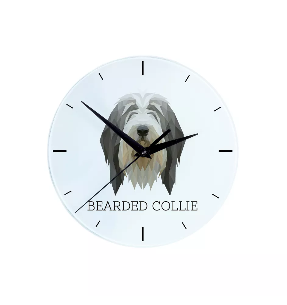 Bearded Collie - geometrische Wanduhr mit Bild und Aufschrift der Marke Art-Dog