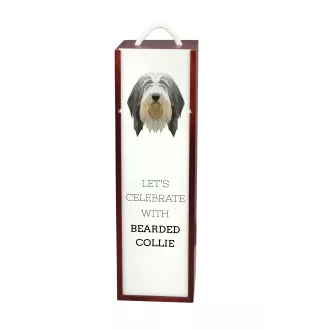 Collie Barbu, Bearded collie, Parfois appelé colley barbu - une boîte géométrique avec une photo et un texte pour le vin de la marque Art-Dog