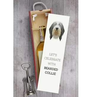 Collie Barbu, Bearded collie, Parfois appelé colley barbu - une boîte géométrique avec une photo et un texte pour le vin de la marque Art-Dog