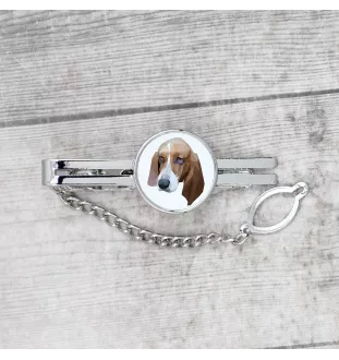 Basset Hound - geometrische Krawattennadel mit Bild und Schriftzug von Art-Dog