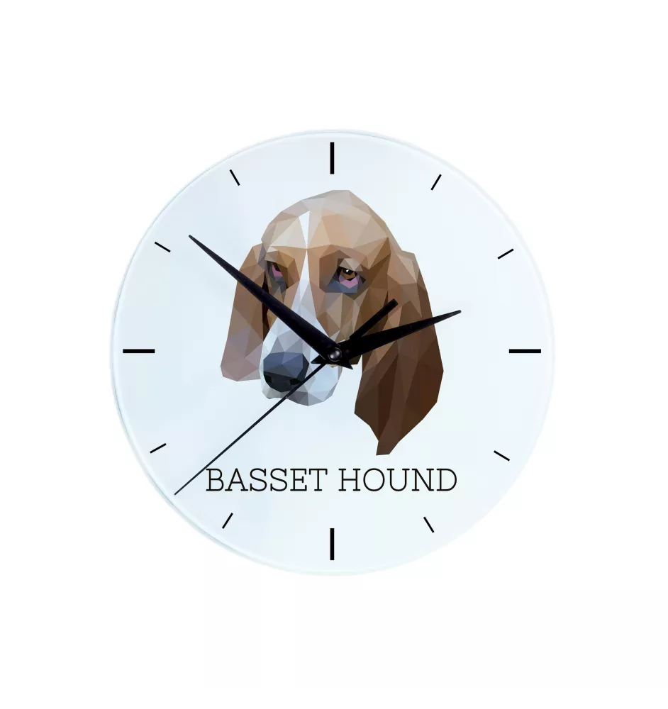 Basset Hound - geometrische Wanduhr mit Bild und Aufschrift der Marke Art-Dog
