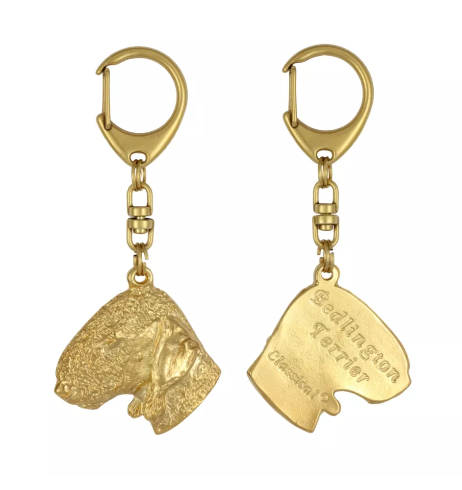 Bedlington Terrier, Rothbury Terrier, Rodbery Terrier - Gilded key ring with dog in gift box, handbag decoration, luxury accessory by Art-Dog brand