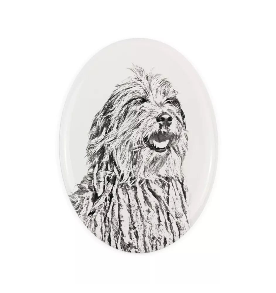 Bergamasker Hirtenhund, Berger de bergame - Gedenktafel mit einem Foto eines Hundes, Grabplatte mit Druck, personalisierte ovale Platte der Marke Art-Dog