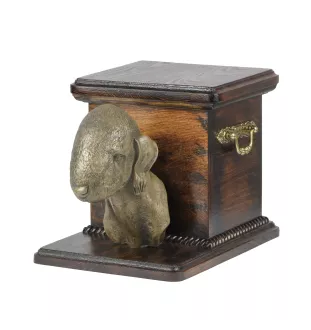 Bedlington Terrier, Rothbury Terrier - Eine Urne für die Asche eines Hundes mit einer Statuette, eine elegante Urne für einen Hund, eine außergewöhnliche Urne mit dem Porträt eines Hundes von der Mark