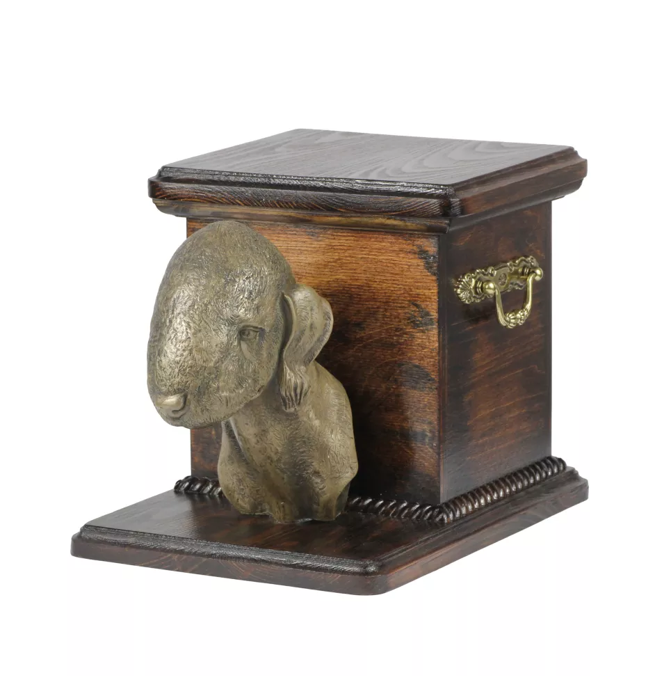 Bedlington Terrier, Rothbury Terrier - Eine Urne für die Asche eines Hundes mit einer Statuette, eine elegante Urne für einen Hund, eine außergewöhnliche Urne mit dem Porträt eines Hundes von der Mark