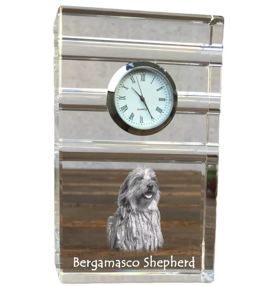 Bergamasker Hirtenhund, Berger de bergame - Glasuhr mit Foto, Foto eines Hundes im Kristall, personalisierte Tischuhr für das Büro der Marke Art-Dog