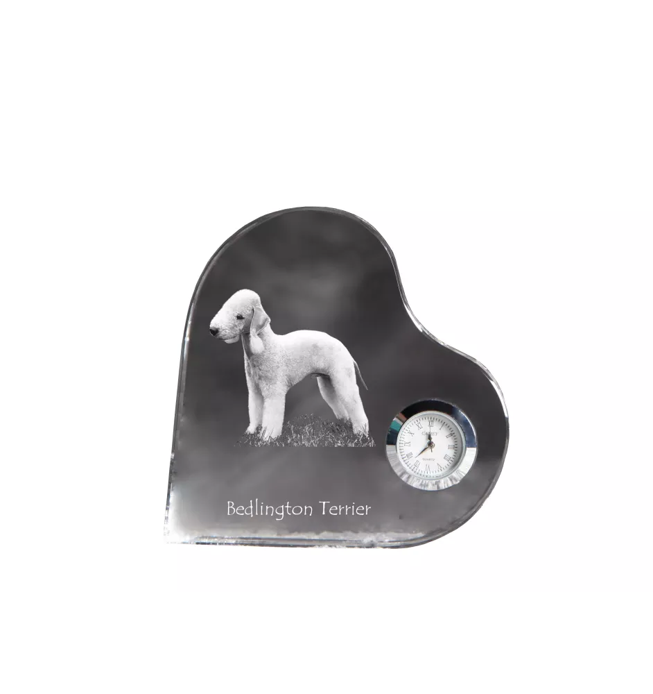 Bedlington Terrier, Rothbury Terrier - Kristalluhr mit einem Hundebild, Herzregal-Uhr, personalisierte Standuhr der Marke Art-Dog