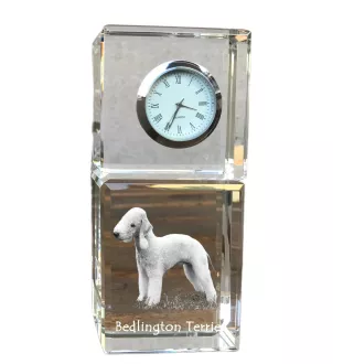 Bedlington Terrier, Rothbury Terrier - Kristalluhr mit Foto, Hundebild im Kristall, personalisierte Schreibtischuhr von Art-Dog.