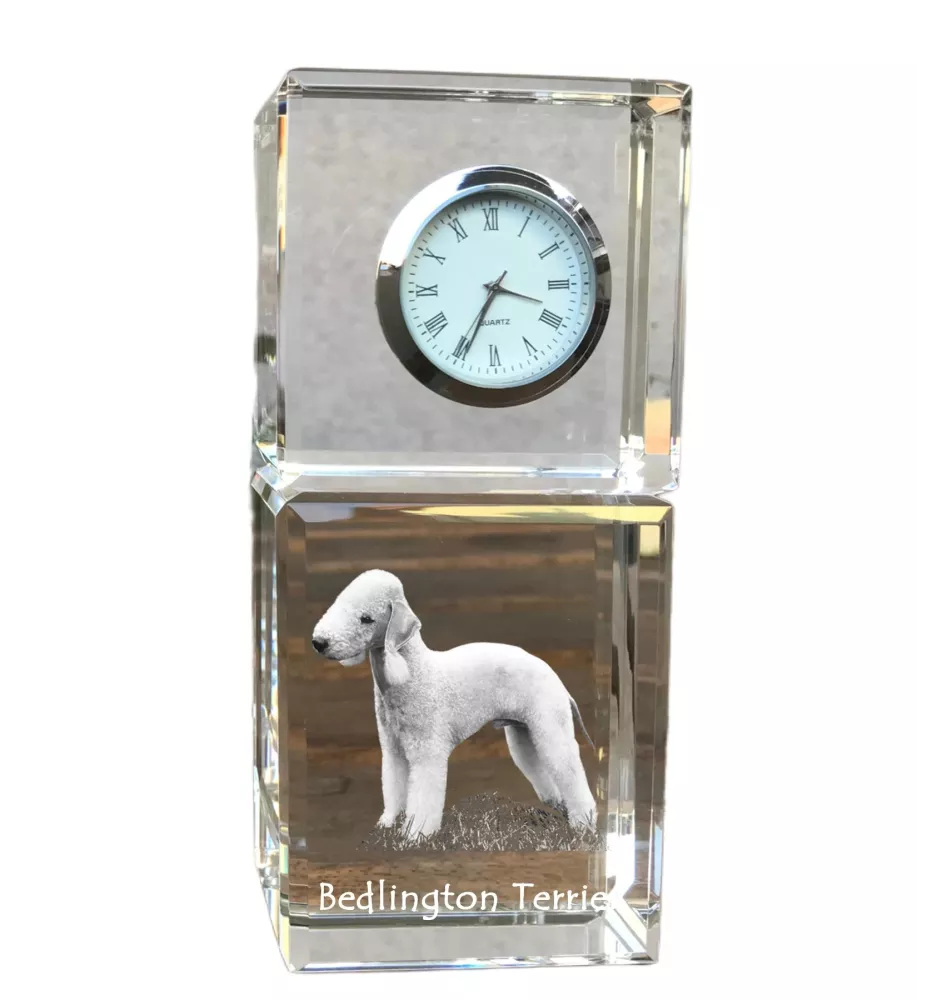 Bedlington Terrier, Rothbury Terrier - Kristalluhr mit Foto, Hundebild im Kristall, personalisierte Schreibtischuhr von Art-Dog.