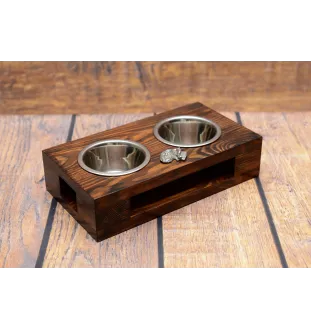 Bedlington Terrier, Rothbury Terrier, Rodbery Terrier - wooden stand with bowls for a dog, steel dog bowls, a gift for adopting a dog from the Art-Dog brand