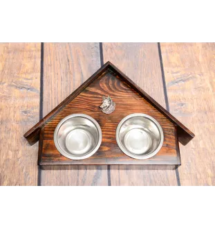 Belgian Shepherd Dog, Belgian Sheepdog - wooden stand with bowls for a dog, decorative dog bowls, a gift for adopting a dog from the Art-Dog brand