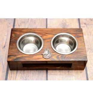 Belgian Shepherd Dog, Belgian Sheepdog - wooden stand with bowls for a dog, steel dog bowls, a gift for adopting a dog from the Art-Dog brand