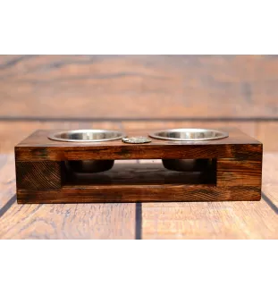 Belgian Shepherd Dog, Belgian Sheepdog - wooden stand with bowls for a dog, steel dog bowls, a gift for adopting a dog from the Art-Dog brand