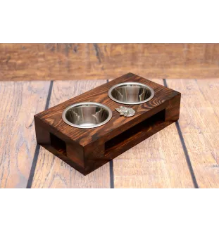 Belgian Shepherd Dog, Belgian Sheepdog - wooden stand with bowls for a dog, steel dog bowls, a gift for adopting a dog from the Art-Dog brand