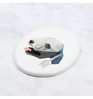 Bedlington Terrier, Rothbury Terrier, Rodbery Terrier - a plate with a geometric design and the brand name Art-Dog