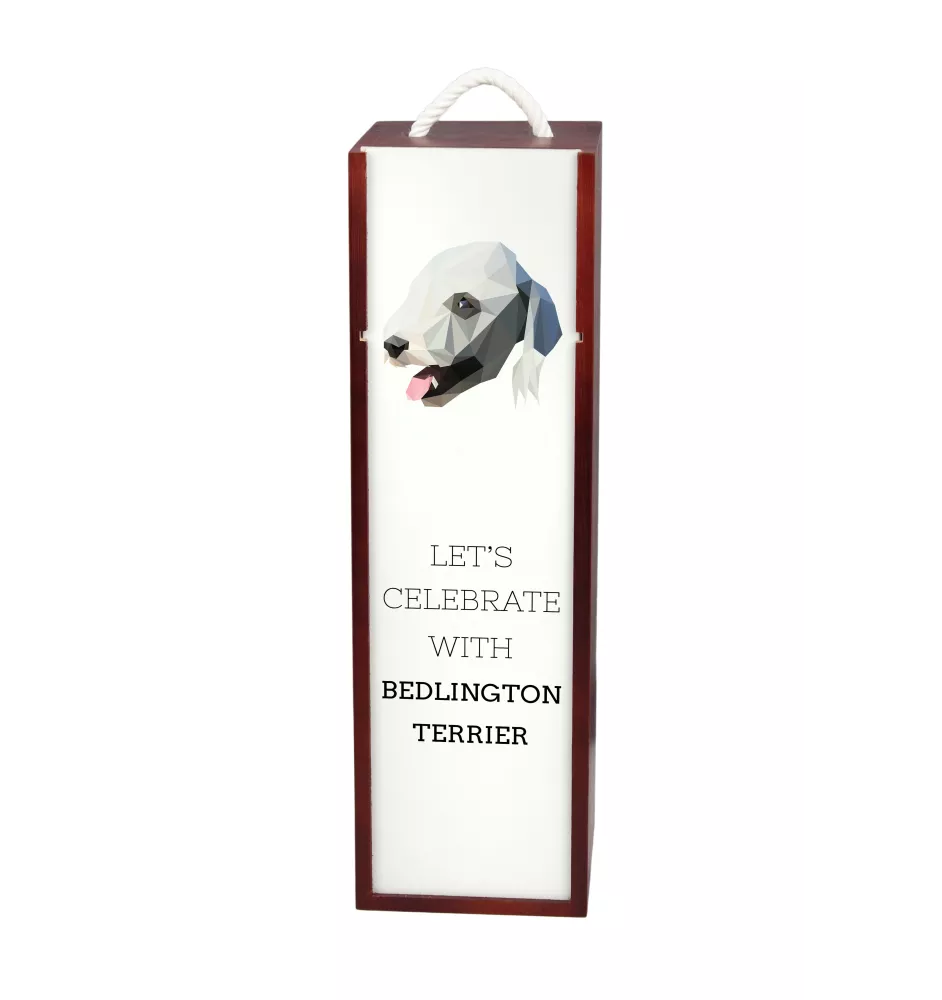 Terrier De Bedlington, Bedlington Terrier - une boîte géométrique avec une photo et un texte pour le vin de la marque Art-Dog