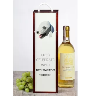 Bedlington Terrier, Rothbury Terrier - geometrische Box mit einem Bild und Schriftzug für Wein der Marke Art-Dog