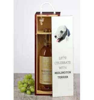 Bedlington Terrier, Rothbury Terrier - geometrische Box mit einem Bild und Schriftzug für Wein der Marke Art-Dog