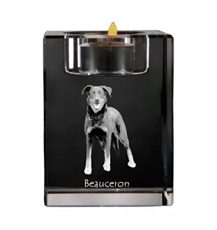 Beauceron, berger de Beauce, berger francais, bas-rouge - Bougeoir avec photo de chien, porte bougie en cristal, cadeau personnalisé par la marque Art-Dog