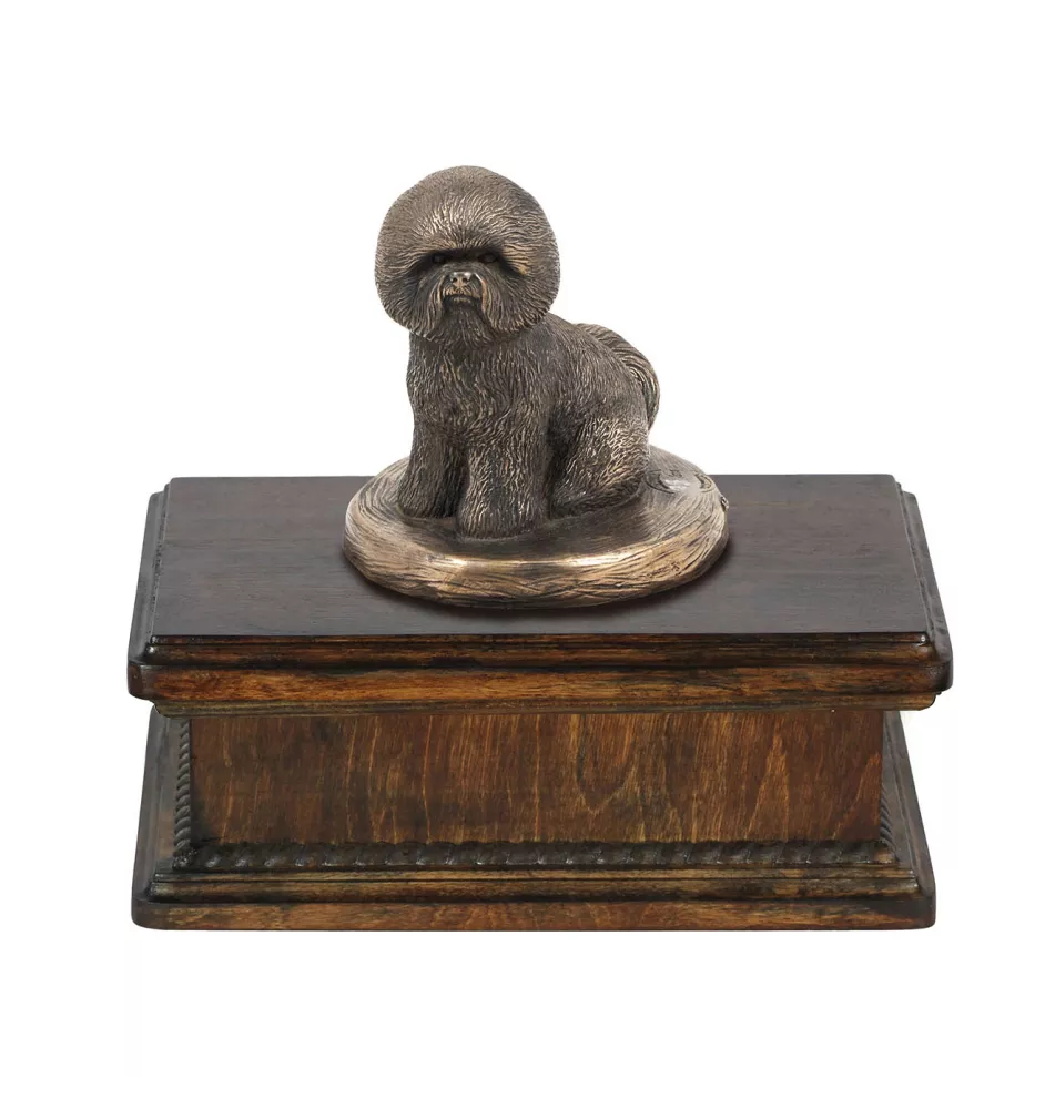 Bichon Frise, Bichon Tenerife, Bichon a poil frise - urn for dog ashes, classic urn with a statuette, elegant urn with a dog by Art-Dog brand