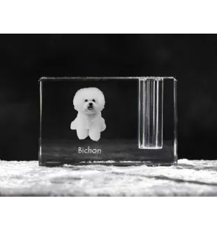 Bichon Frise, Gelockter Bichon, Tenneriffahündchen - Stifthalter, Kristallorganizer mit Hundefoto, einzigartige Schreibtischdekoration der Marke Art-Dog