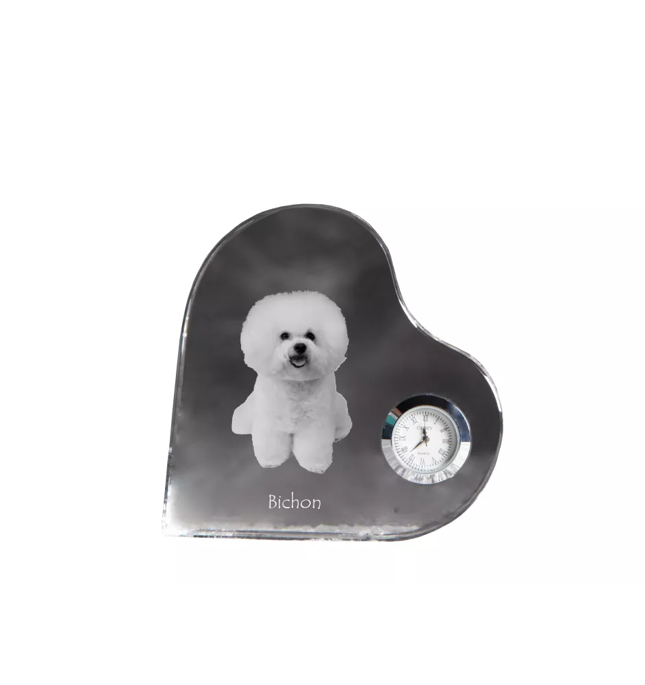 Bichon Frise, Gelockter Bichon, Tenneriffahündchen - Kristalluhr mit einem Hundebild, Herzregal-Uhr, personalisierte Standuhr der Marke Art-Dog