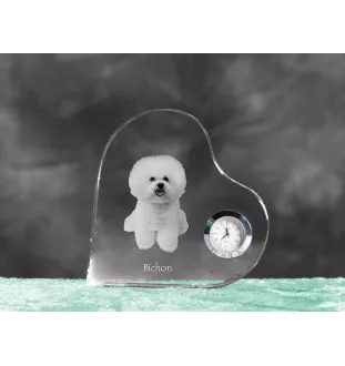 Bichon Frise, Gelockter Bichon, Tenneriffahündchen - Kristalluhr mit einem Hundebild, Herzregal-Uhr, personalisierte Standuhr der Marke Art-Dog