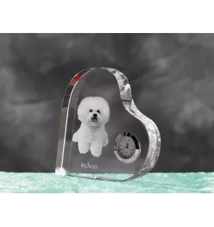 Bichon Frise, Bichon Tenerife, Bichon a poil frise - crystal clock with a dog picture, heart-shaped shelf clock, personalized standing clock by Art-Dog brand