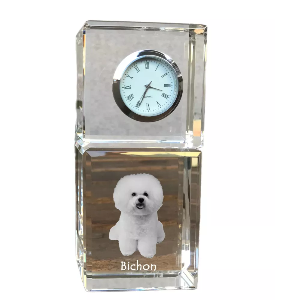 Bichon Frise, Gelockter Bichon, Tenneriffahündchen - Kristalluhr mit Foto, Hundebild im Kristall, personalisierte Schreibtischuhr von Art-Dog.