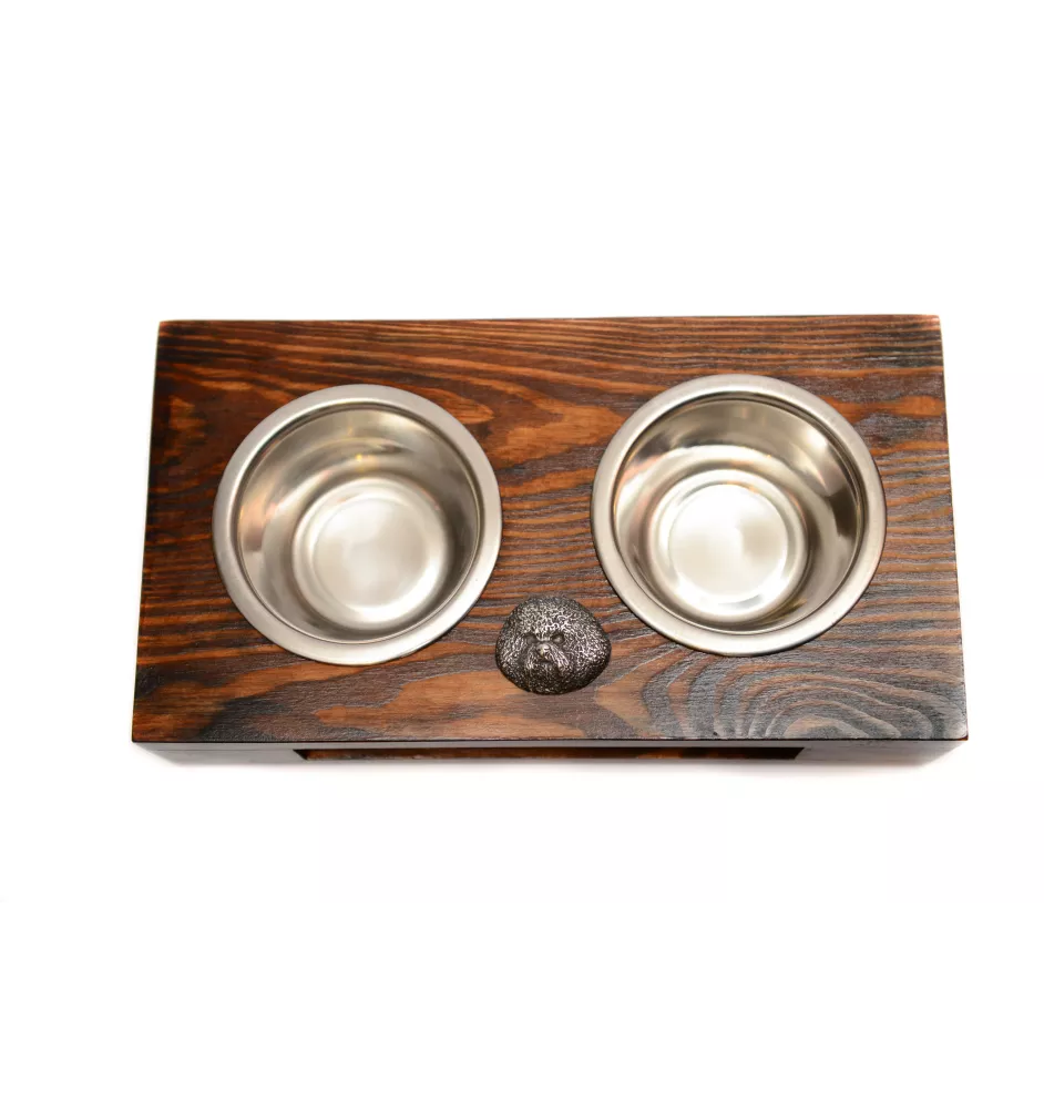 Bichon Frise, Bichon Tenerife, Bichon a poil frise - wooden stand with bowls for a dog, steel dog bowls, a gift for adopting a dog from the Art-Dog brand