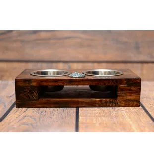 Bichon Frise, Bichon Tenerife, Bichon a poil frise - wooden stand with bowls for a dog, steel dog bowls, a gift for adopting a dog from the Art-Dog brand