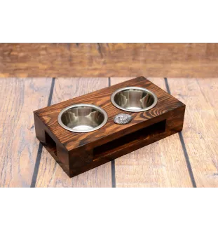 Bichon Frise, Bichon Tenerife, Bichon a poil frise - wooden stand with bowls for a dog, steel dog bowls, a gift for adopting a dog from the Art-Dog brand