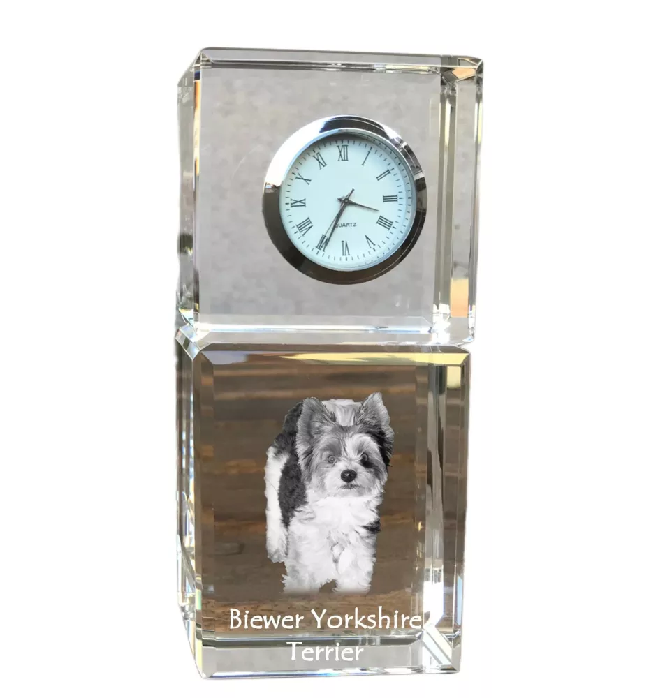 Biewer Yorkshire terrier - montre en cristal avec photo, photo de chien dans un cristal, horloge de bureau personnalisée de la marque Art-Dog