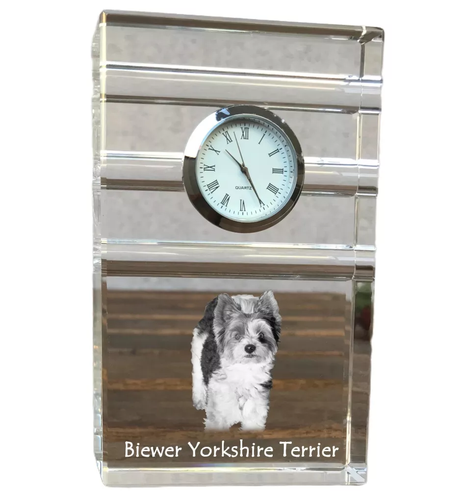 Biewer Yorkshire terrier - une horloge en verre avec une photo, une photo de chien dans un cristal, une horloge de bureau personnalisée de la marque Art-Dog