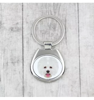 Bichon Frise, Gelockter Bichon, Tenneriffahündchen - geometrischer Schlüsselanhänger mit Foto und Aufschrift Art-Dog