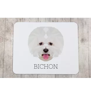 Bichon Frise, Gelockter Bichon, Tenneriffahündchen - geometrisches Mauspad mit Bild und Aufschrift von Art-Dog
